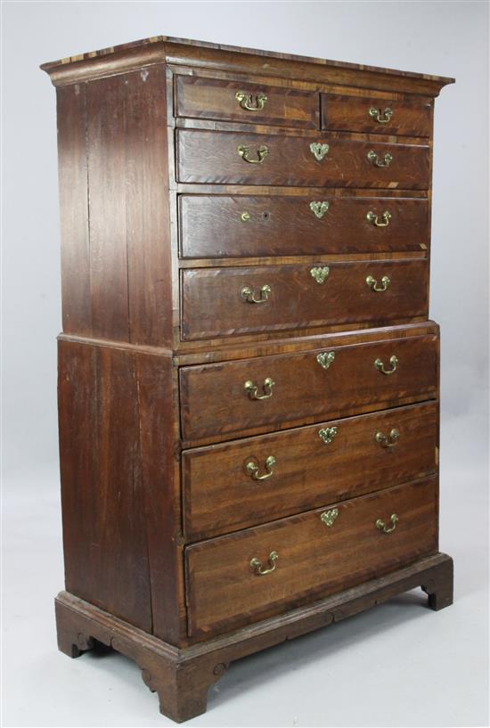 A George III walnut and oak chest on chest, W. 3ft 3in. D. 1ft 10.25in. H. 5ft 4.5in.